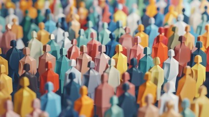 Obraz premium Vibrant crowd of diverse people in paper craft origami style representing overpopulation and demographic diversity
