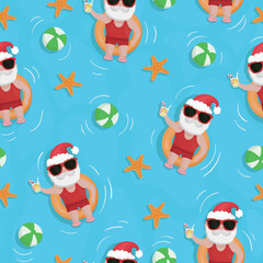 Santa Claus is resting in the pool seamless pattern. Vector illustration.