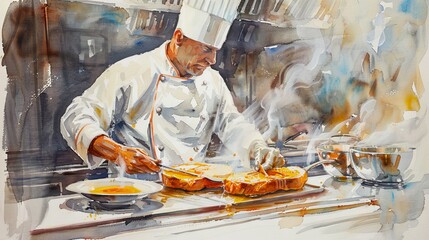 A watercolor painting of a chef in a white uniform and toque preparing food in a commercial kitchen.