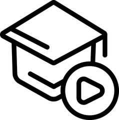 Line art style icon of a graduation hat with a play button, representing the concept of online education
