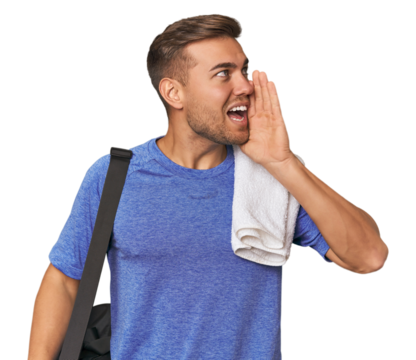 Athlete with gym bag, studio shouting and holding palm near opened mouth.