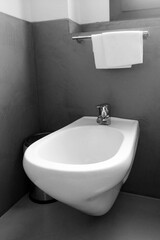 Fototapeta premium Modern Minimalist Bathroom Design with Wall-Mounted Bidet and Clean Aesthetic