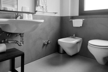 Modern Minimalist Bathroom Interior Design with Sink, Bidet, and Toilet, Ideal for Home and Hotel Designs