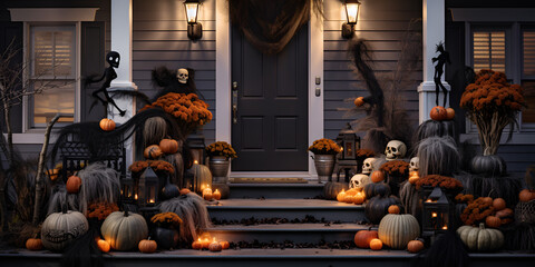 Fototapeta premium Halloween pumpkins jack o' lanterns, flowers and chairs on front porch, exterior home decor, seasonal decorations, gray and white 