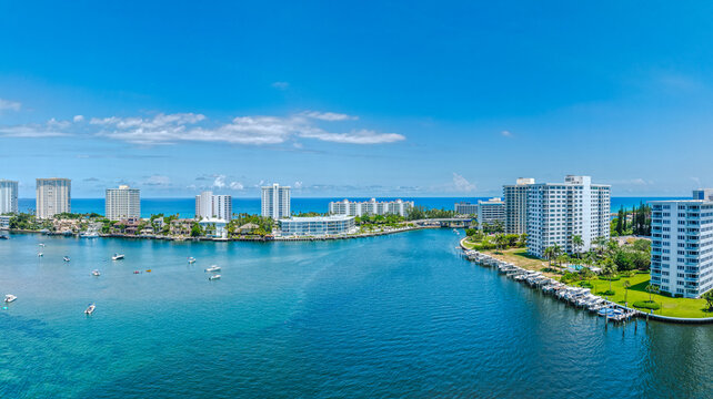 panoramic drone view of Lake Boca Raton, Florida with city