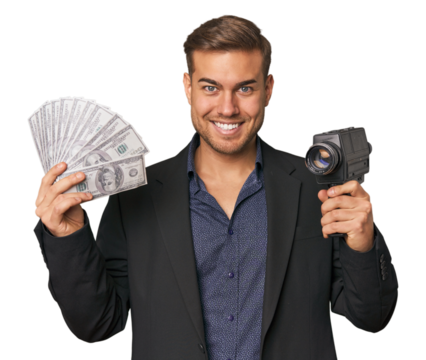 Young man with dollars and vintage camera, blending finance with nostalgia