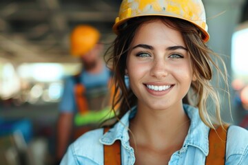 A smiling female engineer with safety helmet at a construction site