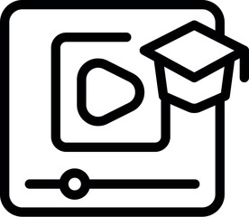 Icon depicting online learning with a video player and graduation hat, symbolizing the completion of a course