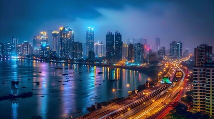 Obraz premium A vibrant cityscape at night, captured in a large photograph with vivid colors and sharp detail