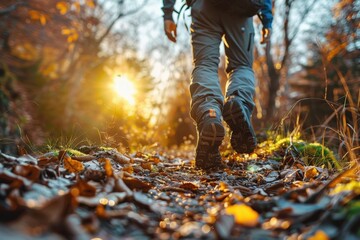 The camera focuses on a hiker's shoes as they step along a forest path illuminated by the setting sun