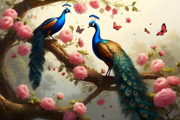 3D wallpaper, oil painting of a of a tree branch with flowers, and oil painting of two peacocks with small and large butterflies.