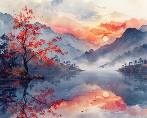 Ukiyoe Art Style Landscape Watercolor illustration capturing the essence of the Ukiyoe art style, featuring a serene Japanese landscape, isolated for timeless clipart