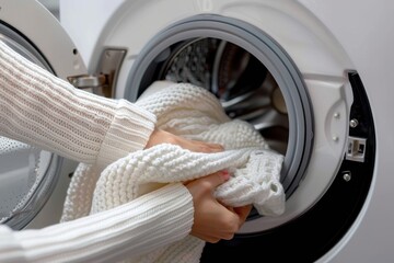 Close-up view of hands putting white knitted laundry into a front-loading washing machine, symbolizing cleanliness and daily chores