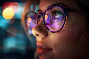 Close up image focused on vibrant bokeh lights with a blurred side, suggesting urban nightlife