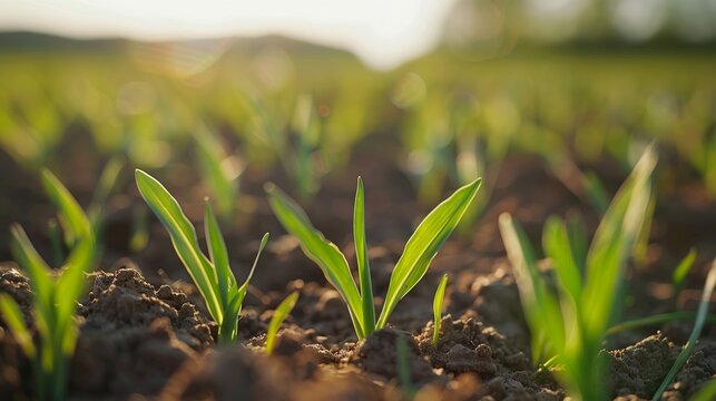 Baby sprout plan of crops growing in field in farm land.