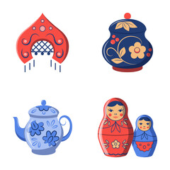 Russian folk crafts flat icon set. Matryoshka doll, Gzhel teapot, Khokhloma style pot, kokoshnik symbol. Vector illustration.