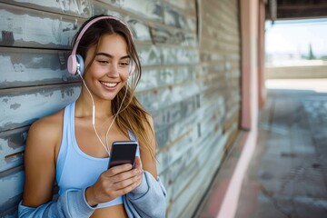 Happy young fitness enthusiast enjoys music with headphones and phone