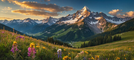 Beautiful Sunset Over Mountain Valley Filled with Blooming Wildflowers