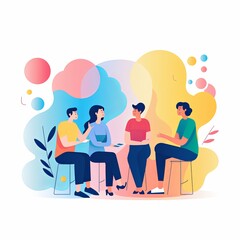 flat vector style illustration, a diverse group of people talking and collaborating, on white background 