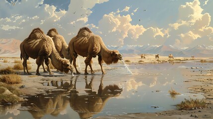 Bactrian camels drinking water