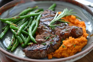 Tasty beef steak with green beans and mashed sweet potatoes