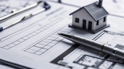 Detailed close-up of checklist with red checkmark, model house and pen on clipboard, minimalist, photo-realistic, home inspection