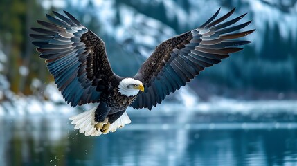 Naklejka premium Bald eagle diving with wings outstretched