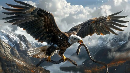 Fototapeta premium Bald eagle flying eating snake