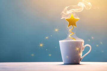Christmas tree made of steaming coffee or hot drink with a yellow star cookie. Winter holiday concept. Minimal New Year background.