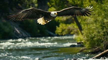 Obraz premium Bald eagle flying low over river in yellow stone