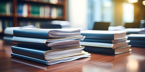Busy lawyers office with stacks of legal documents books and case files. Concept Lawyers, Office, Legal Documents, Case Files, Books