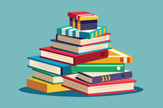 A digital illustration of a stack of colorful books on a blue background. The books are neatly arranged, with the largest at the bottom and the smallest at the top.