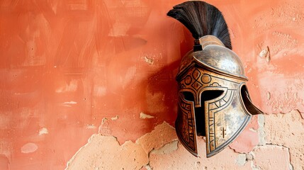 A spartan helmet is hanging on a red wall. The helmet is made of bronze and has a black plume. The wall is made of stone and has a rough texture.