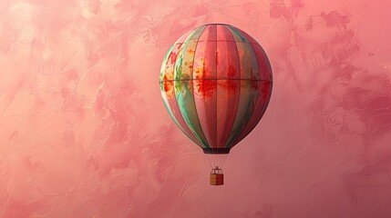 Hot air balloon ride over pink textured background.  The balloon is red, green and blue with a wicker basket.