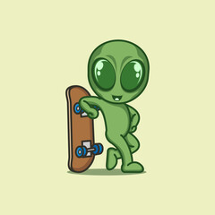 Obraz premium cute cartoon alien with skateboard