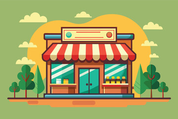 Obraz premium A colorful cartoon illustration depicts a small storefront with a red awning, showcasing a simple and welcoming aesthetic.
