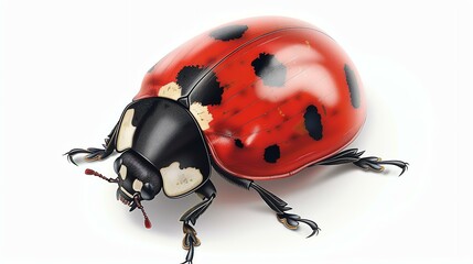 A red ladybug with black spots on its back is sitting on a white surface. The ladybug has its wings closed and is facing the viewer.