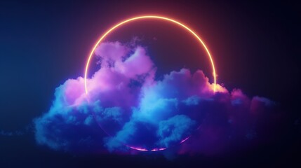 Fototapeta premium Glowing neon circle in vibrant cloudy sky, abstract colorful night sky with neon lights, purple and blue gradient background, futuristic glowing ring, dreamy atmospheric design.