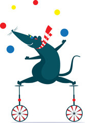 Cute rat or mouse balances on the unicycles.  Cartoon rat or mouse balances on unicycles and juggles the balls. Isolated on white background  © bigmen
