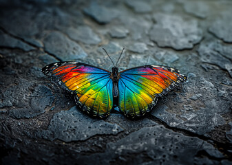 Obraz premium Beautiful vibrant multi-coloured butterfly on a rough concrete floor