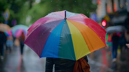 Colorful rainbow umbrella carried with pride by diverse individual in urban setting, promoting inclusivity and acceptance

