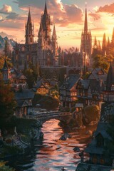 Fototapeta premium Realistic Fantasy Village with Wildlife Ambiance