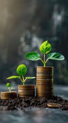 Stacks of coins with a plant growing out of them