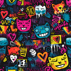Obraz premium Seamless graffiti cat pattern with urban art elements on black background