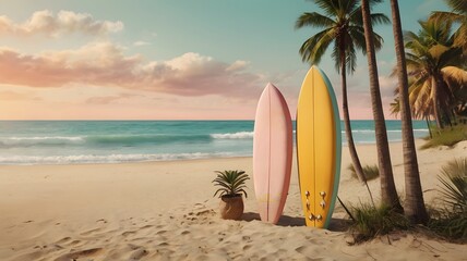 A retro-style summer beach background classic surfboard palm trees, ocean waves and a warm sunset sky  