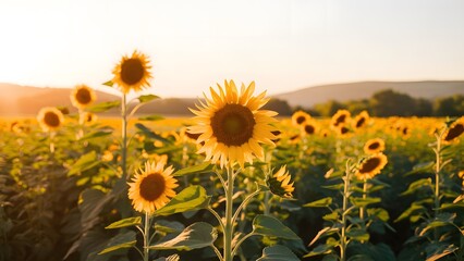 A background of a vast sunflower field during a summer sunrise, warm sunlight clear sky and softly blurred distant hills  