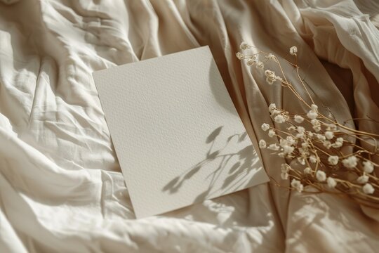 Elegant card mockup with dry flowers on a silk fabric background, with soft lighting and shadows.