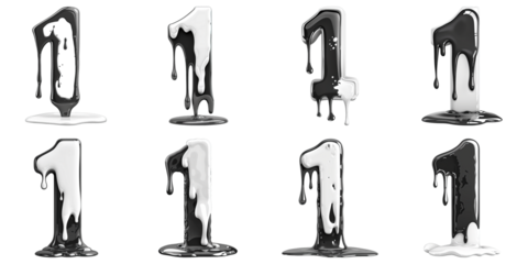 Set of Number 1 Dripping Paint  Isolated on Transparent PNG Background. Generative ai