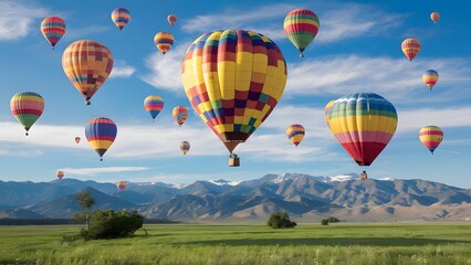 Fototapeta premium A summer background of a hot air balloon the sky filled with colorful balloons drifting over mountain sky