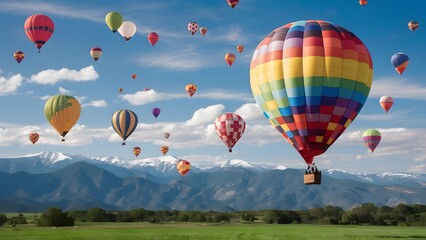 Fototapeta premium A summer background of a hot air balloon the sky filled with colorful balloons drifting over mountain sky